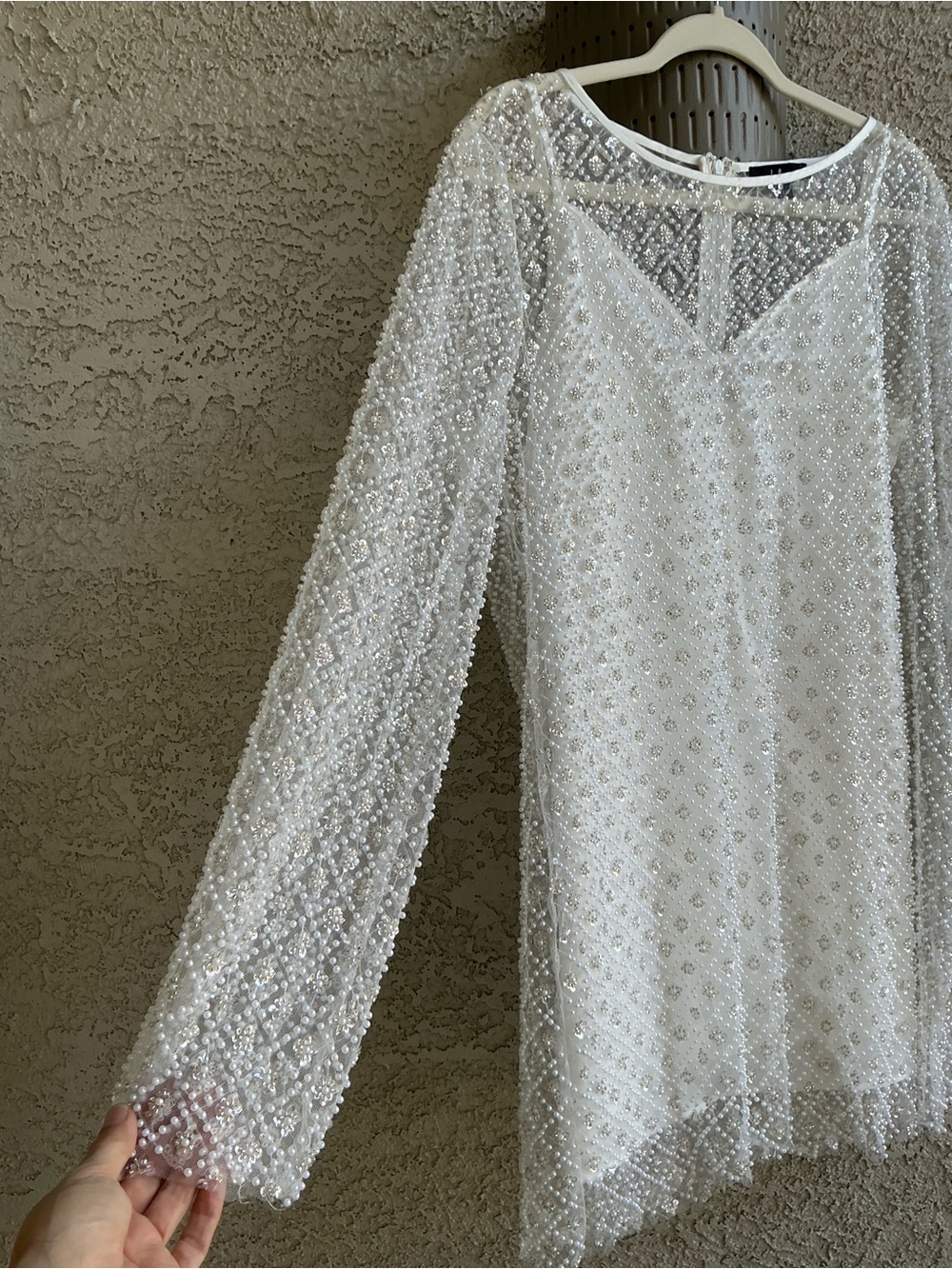 NWOT Lulu’s Glowing Charisma White Sequin Pearl Mesh Long Sleeve Mini Dress Chic - Picture 11 of 13